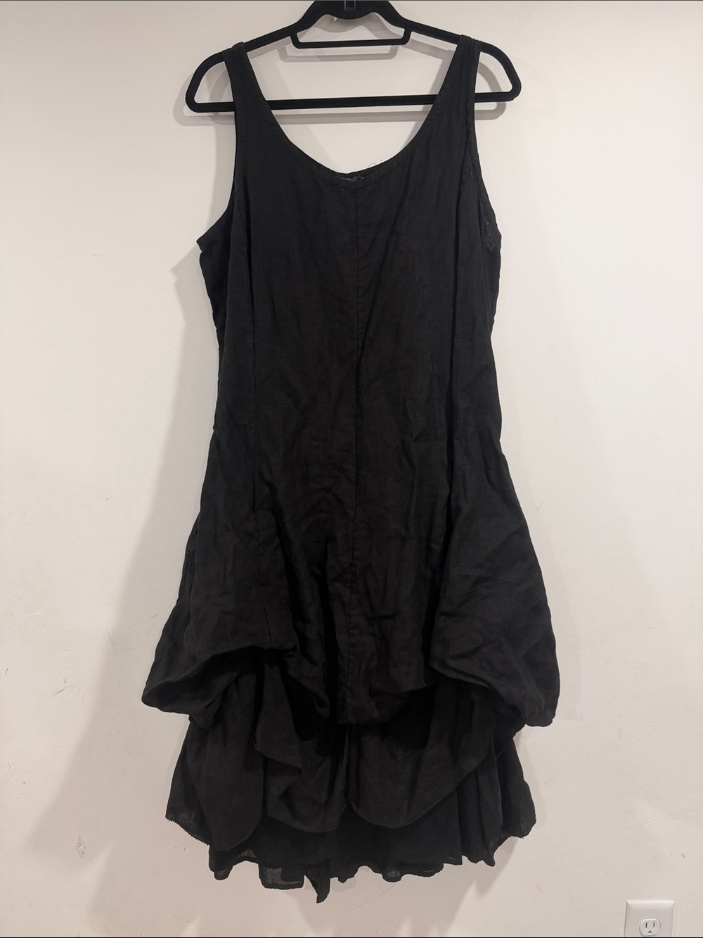 Black 100% Irish Linen Tiered Ruffle Lagenlook Mini Dress Large
